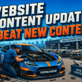 Mechanic tuning a blue race car labeled "Existing Content" while multiple unfinished cars are built in a "New Content Factory" in the background, illustrating how website content updates can outperform publishing new content. Large headline reads: "Website Content Updates Beat New Content.